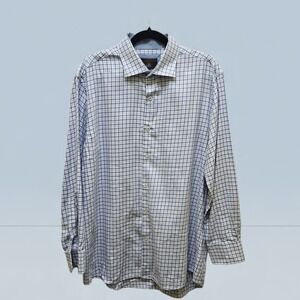 Tattersall London Mens Dress Shirt Blue Plaid Button Down 16 1/2 32 33 Cotton